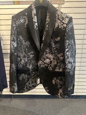 Men's Black Floral Jacquard Shawl-Collar Performanc fancy jacket